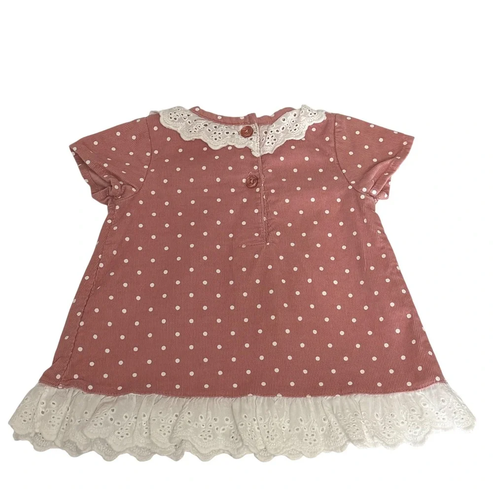 Little Lass Baby Pink Polka‎ Dot Corduroy Dress Eyelet Lace Collar Bows 6/9M